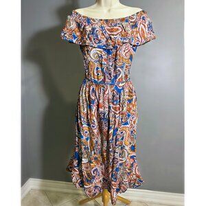 Unique Ruffle Top Paisely Off-Shoulder Boho Dress w/ tassel waist